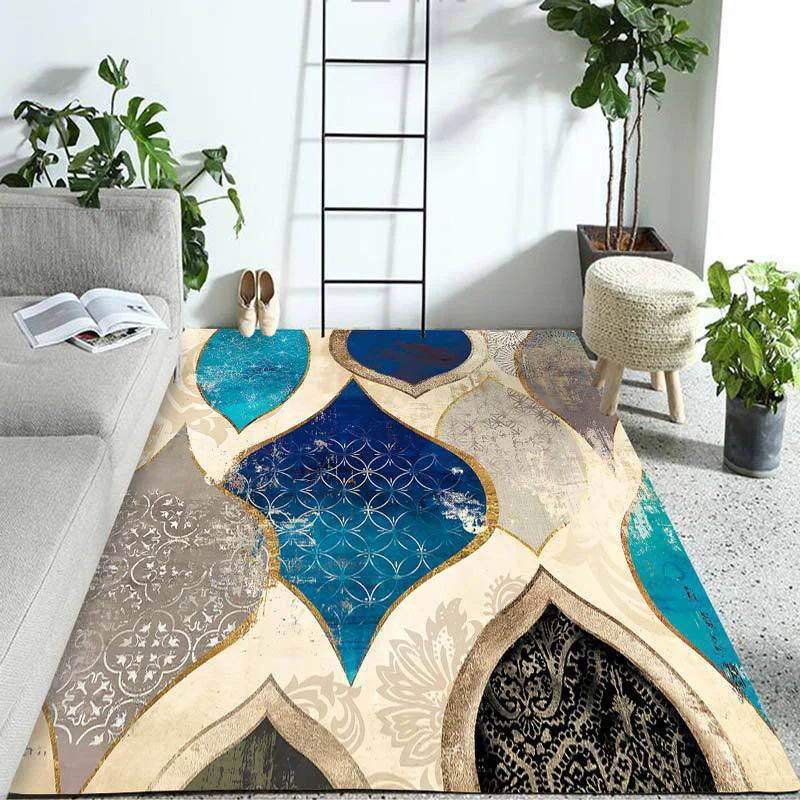 Alfombra de poliéster azul, lavable máquina, alfombras de salón de estilo moderno con patrón abstracto Azul Clearhalo