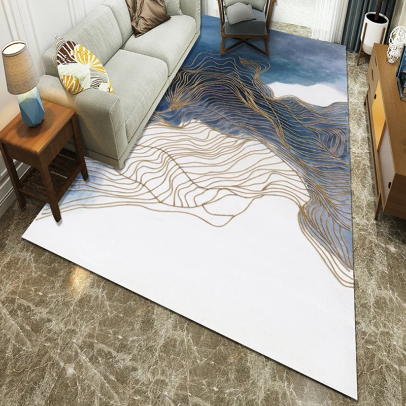 Alfombra de área de poliéster de estilo moderno con pintura de tinta azul, alfombra lavable máquina para sala de estar Azu...