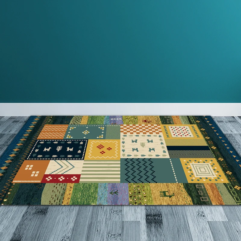 Alfombra rectangular Retro con ondas de ciervo, alfombra bohemia azul, alfombra lavable de poliéster para dormitorio Marro...