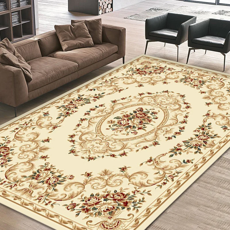 Alfombra retro azul y beige, alfombra de poliéster con estampado floral, lavable, apta para mascotas, respaldo antidesliza...