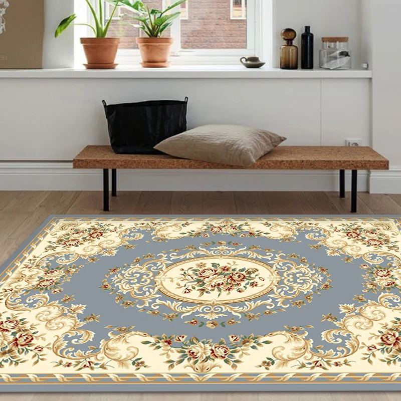 Alfombra retro azul y beige, alfombra de poliéster con estampado floral, lavable, apta para mascotas, respaldo antidesliza...