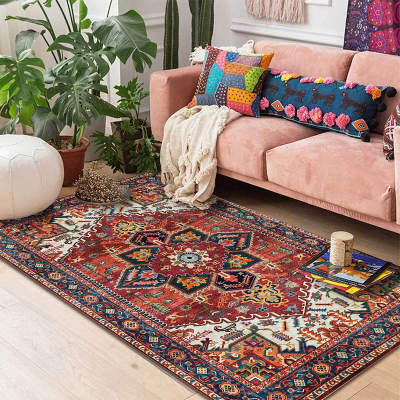 Alfombra retro con diseño de medallón, alfombra persa roja, poliéster, lavable máquina, antideslizante, para dormitorio Ro...