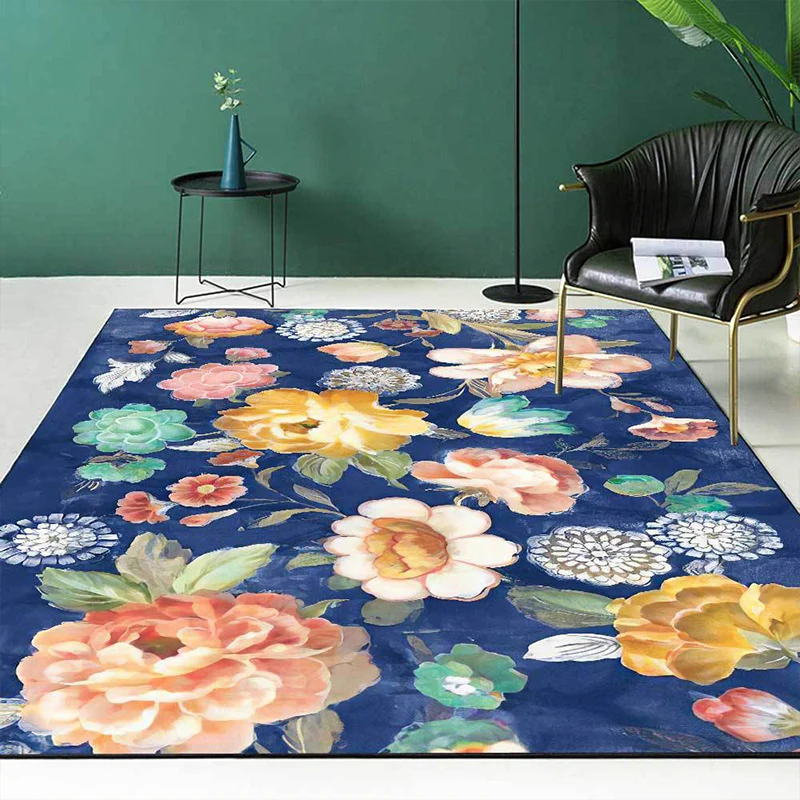 Alfombra Retro con estampado Floral, alfombra campestre francesa azul Multicolor, alfombra lavable de poliéster con respal...
