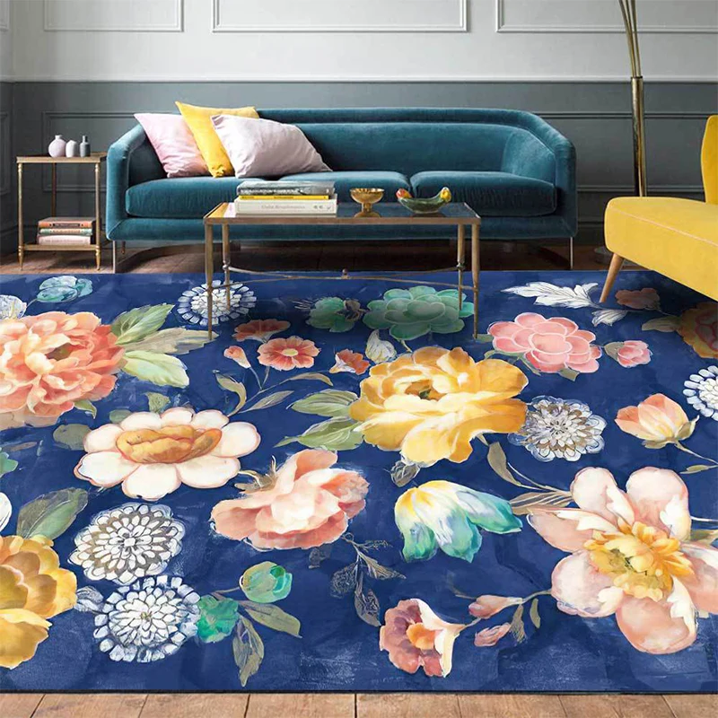 Alfombra Retro con estampado Floral, alfombra campestre francesa azul Multicolor, alfombra lavable de poliéster con respal...