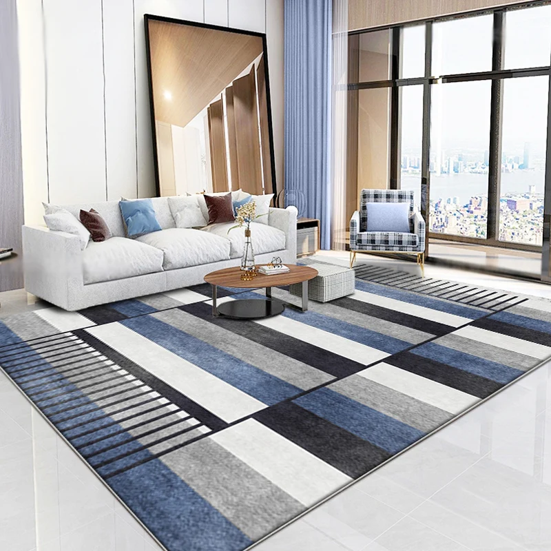 Alfombra de salón azul, alfombra moderna con estampado de rayas, alfombra de poliéster lavable máquina con respaldo antide...