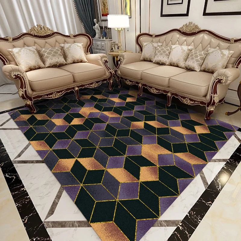 Alfombra de salón contemporánea, alfombra con estampado geométrico multicolor, alfombra sintética antideslizante lavable m...