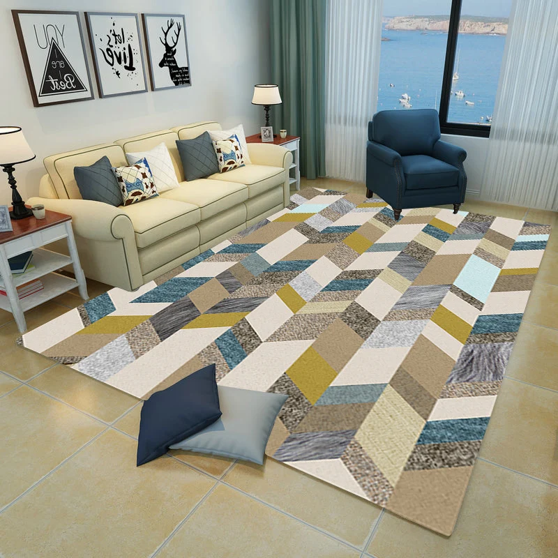 Alfombra de salón contemporánea, alfombra de interior con patrón geométrico multicolor, respaldo antideslizante, alfombra...