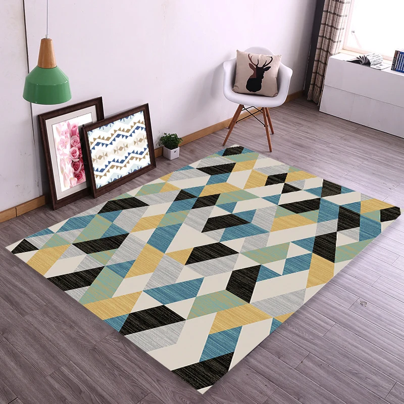 Alfombra de salón contemporánea, alfombra de interior con patrón geométrico multicolor, respaldo antideslizante, alfombra...