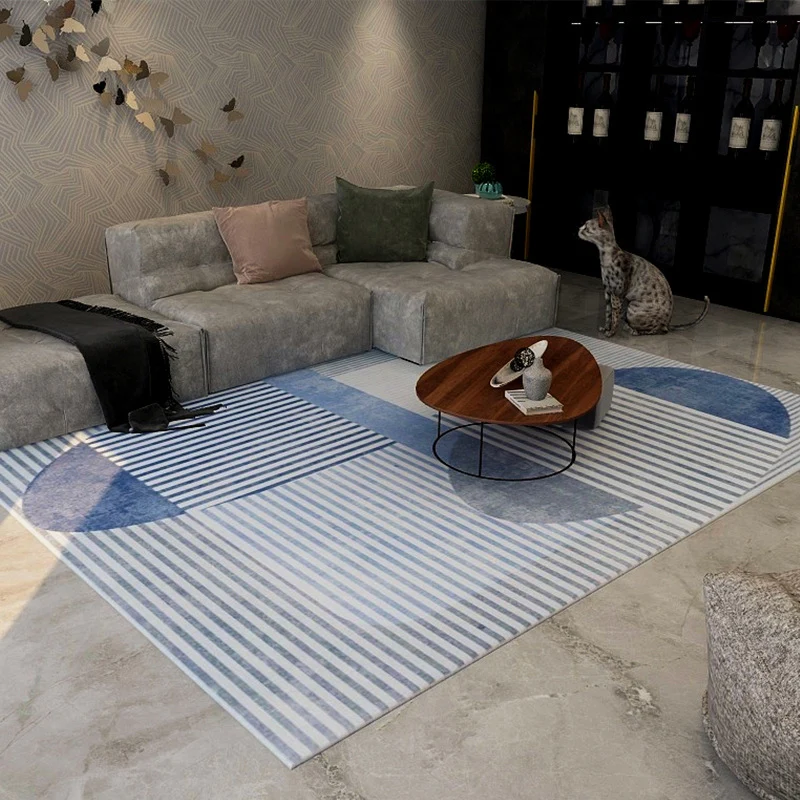 Alfombra sencilla azul y gris, alfombra de poliéster rayas abstractas con bloques de colores, alfombra rectangular lavable...