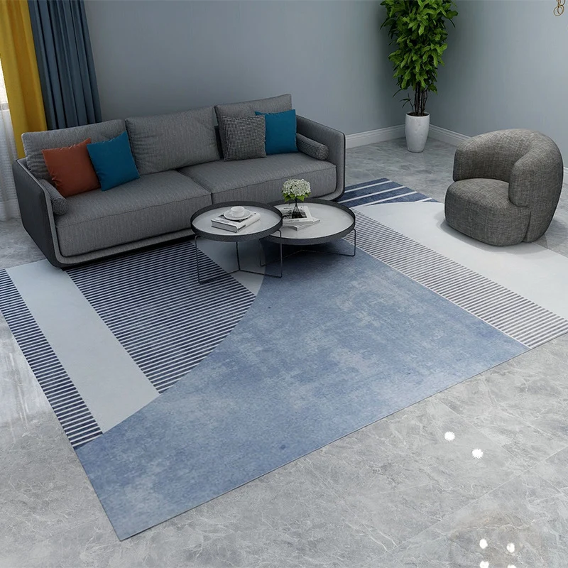 Alfombra sencilla azul y gris, alfombra de poliéster rayas abstractas con bloques de colores, alfombra rectangular lavable...