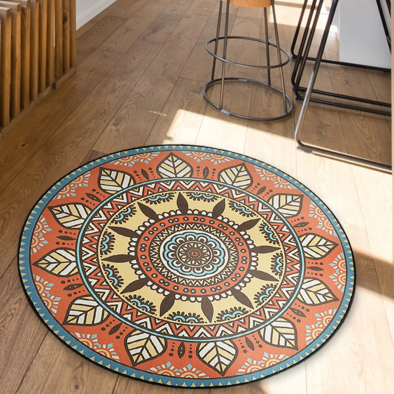 Alfombra tribal azul y naranja con hoja de poliéster con estampado del suroeste, alfombra antideslizante para dormitorio A...