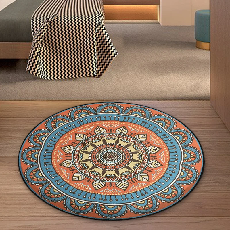 Alfombra tribal azul y naranja con hoja de poliéster con estampado del suroeste, alfombra antideslizante para dormitorio A...