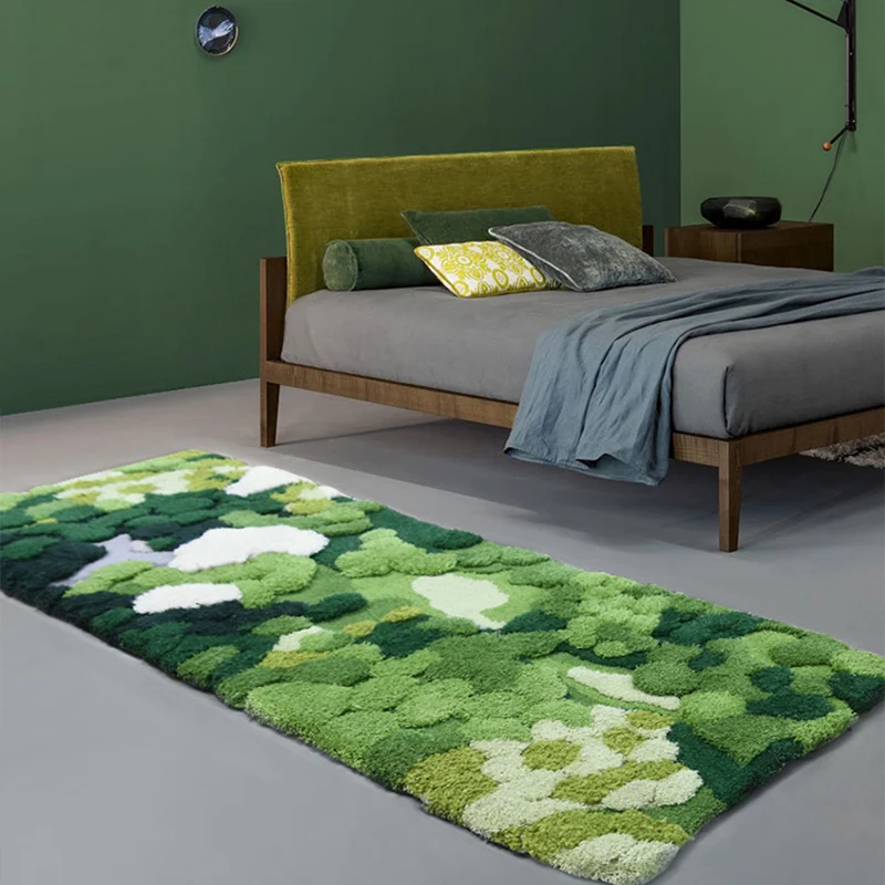 Alfombra verde novedosa de lana de cordero, alfombra con estampado de plantas, alfombra interior hecha mano de fácil cuida...