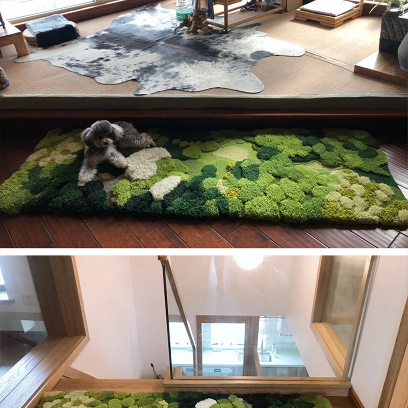 Alfombra verde novedosa de lana de cordero, alfombra con estampado de plantas, alfombra interior hecha mano de fácil cuida...