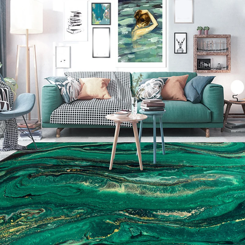 Alfombra verde novedosa de poliéster con estampado de acuarela, alfombra lavable con respaldo antideslizante para sala de...