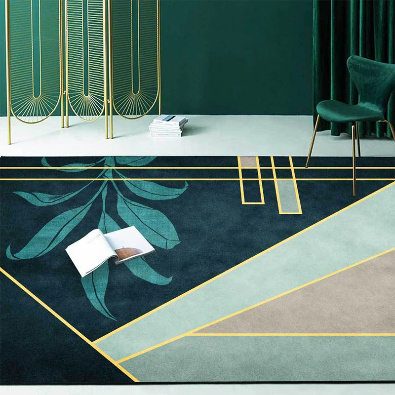 Alfombra verde novedosa de poliéster con estampado geométrico y de hojas, alfombra lavable con respaldo antideslizante par...