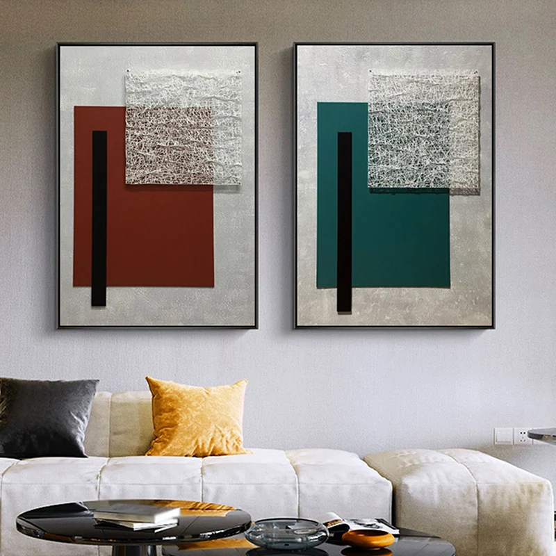 Arte geométrico en lienzo, decoración de pared de salón de estilo nórdico texturizado en Color oscuro Verde Clearhalo