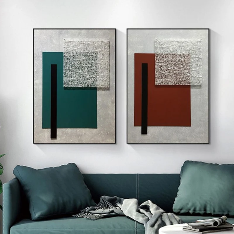 Arte geométrico en lienzo, decoración de pared de salón de estilo nórdico texturizado en Color oscuro Verde Clearhalo