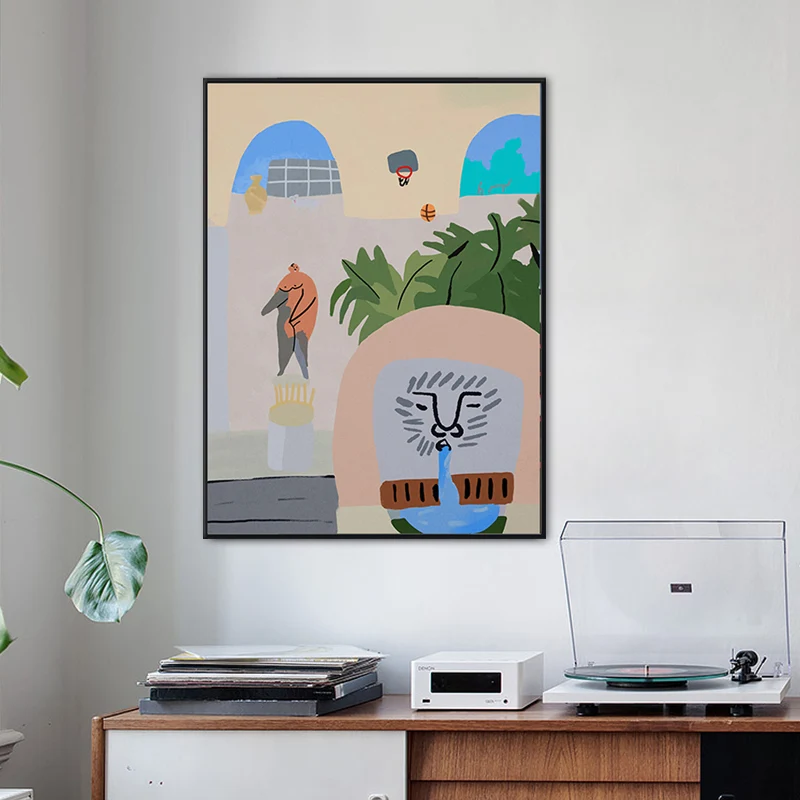 Arte ilustrado de la lona de la vista del patio decoración de la pared funky pastel para el interior de la casa Amarillo C...