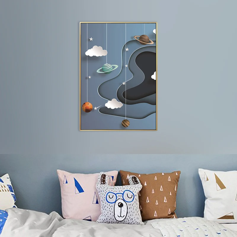 Arte infantil Planetas Pintura Impresión de pared texturizada en color pastel para dormitorio de niños Azul Clearhalo