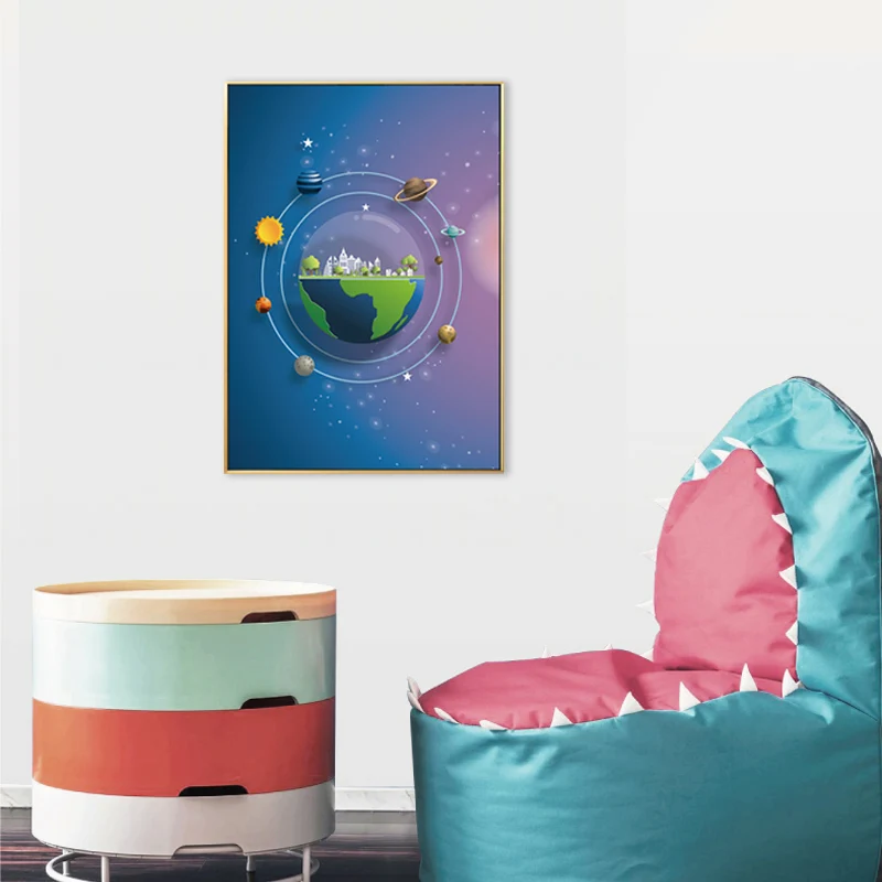 Arte infantil Planetas Pintura Impresión de pared texturizada en color pastel para dormitorio de niños Azul Clearhalo