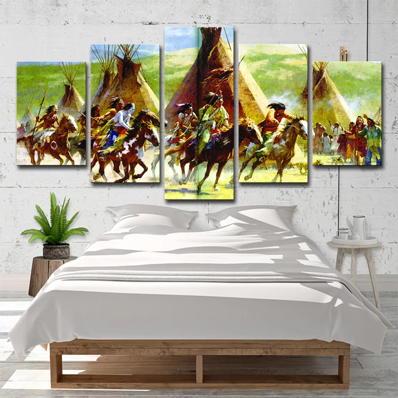 Arte en lienzo de caza de tribu india, decoración de pared de varias piezas de estilo moderno en verde Verde Clearhalo