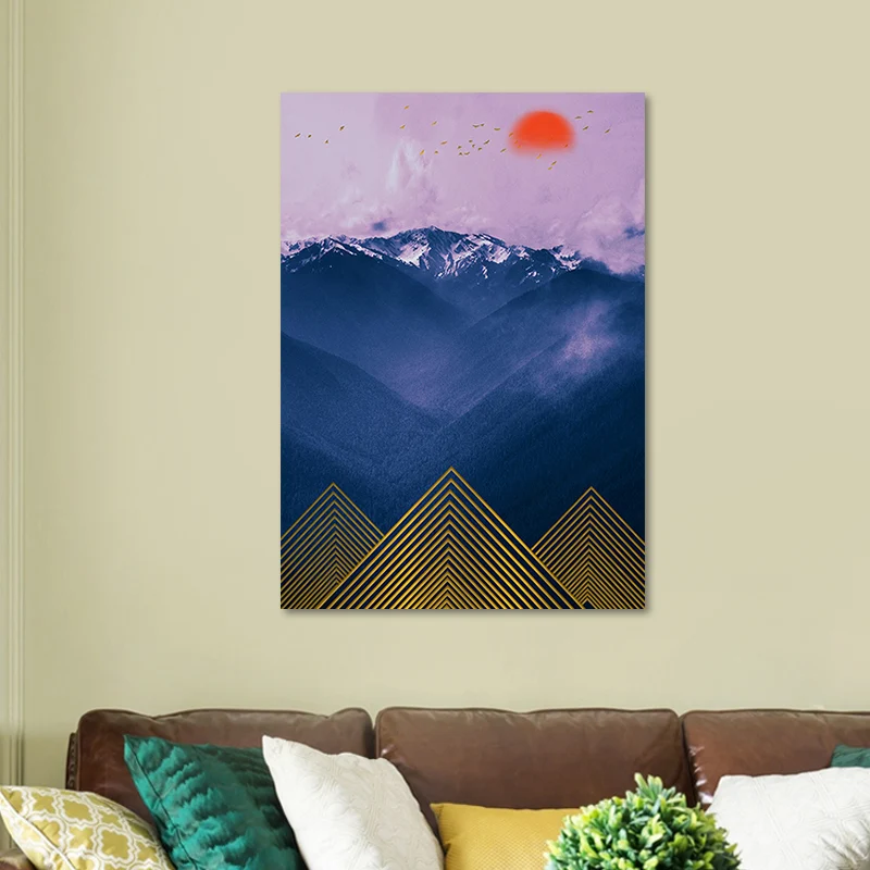 Arte en lienzo de paisaje de montañ asiático, decoración de pared con textura púrpura para el interior de la casa Azul Cle...