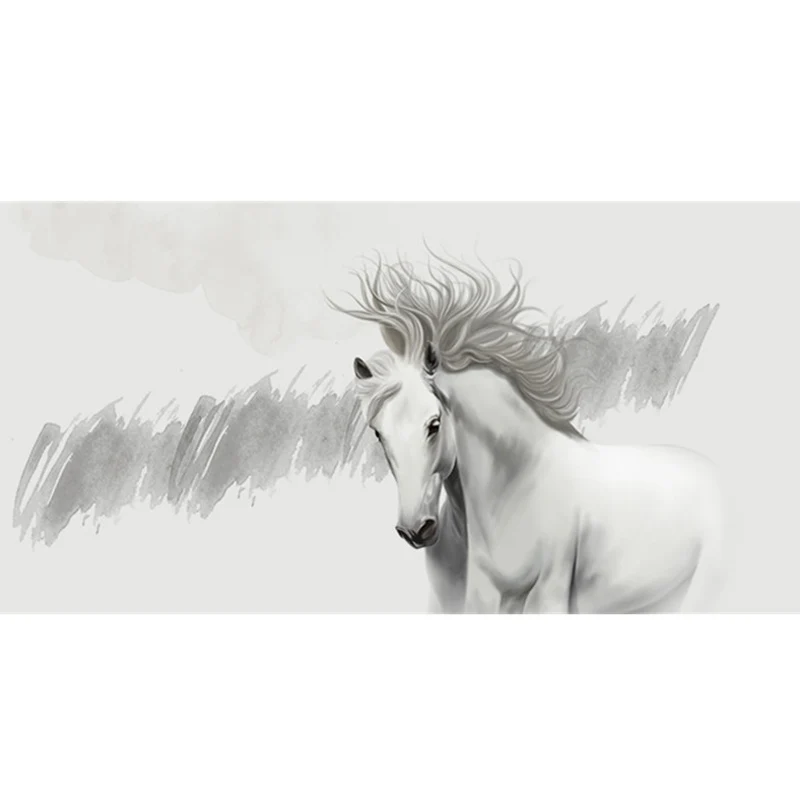 Arte minimalista de la pared del caballo en papel pintado mural de la cafeterí gris y blanco, tamaño personalizado disponi...