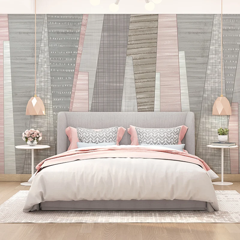 Arte mural escandinavo con geometrías estéticas rosas para uso comercial, tela no tejida Gris Clearhalo