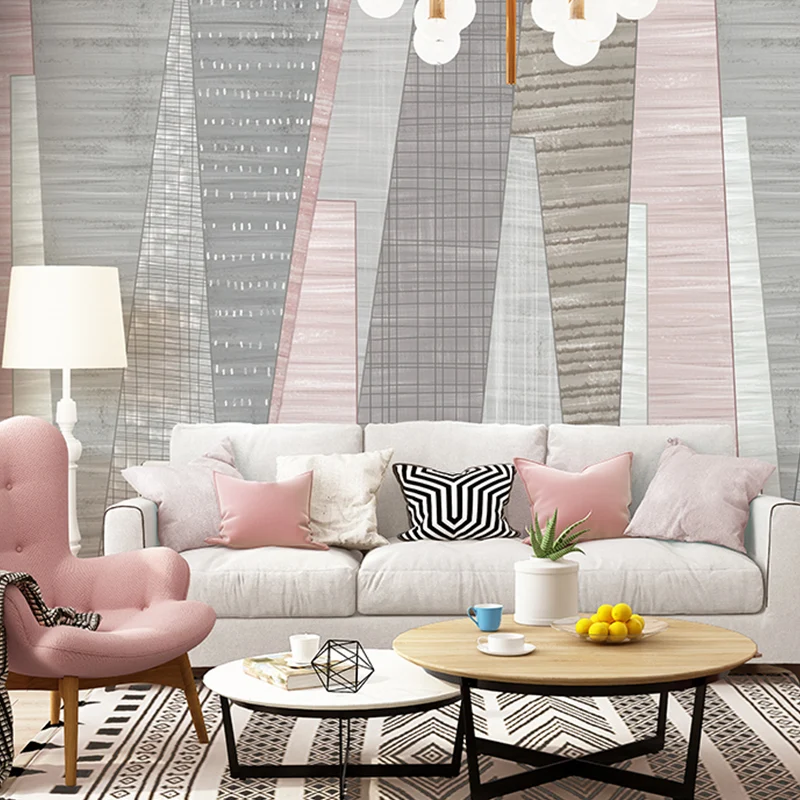 Arte mural escandinavo con geometrías estéticas rosas para uso comercial, tela no tejida Gris Clearhalo