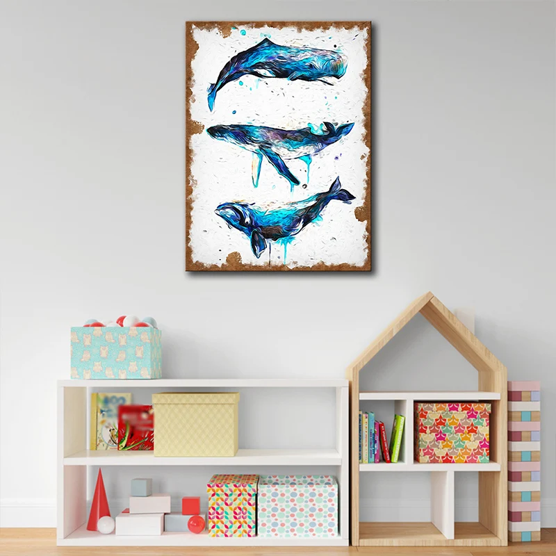 Arte de pared de ballenas de estilo moderno, pintura en lienzo envuelta para sala de estar en azul sobre blanco Azul Clear...
