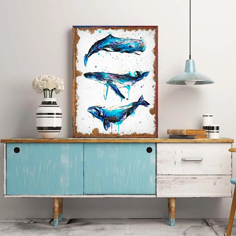 Arte de pared de ballenas de estilo moderno, pintura en lienzo envuelta para sala de estar en azul sobre blanco Azul Clear...