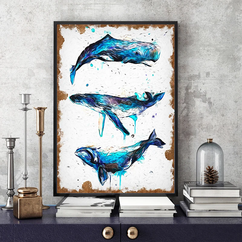 Arte de pared de ballenas de estilo moderno, pintura en lienzo envuelta para sala de estar en azul sobre blanco Azul Clear...
