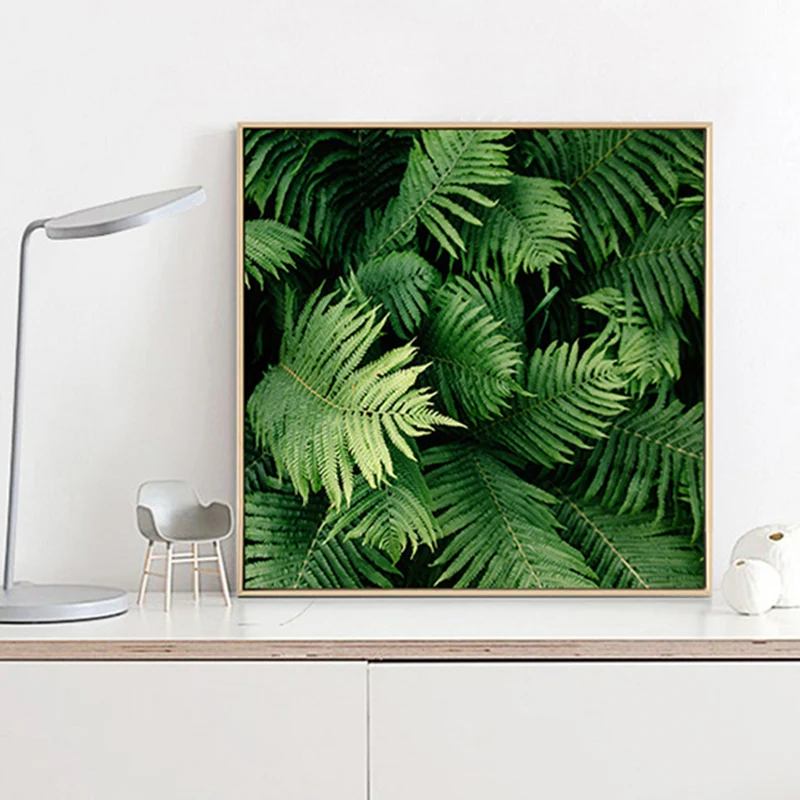 Arte de pared con hojas de helecho verde, impresión en lienzo texturizada para sala de estar de granja, varios tamaños Ver...