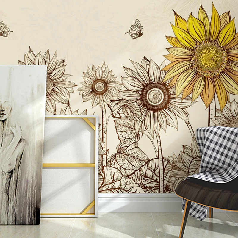 Arte de la pared del girasol en amarillo, papel pintado mural nostálgico del campo para la decoración del hogar Amarillo C...