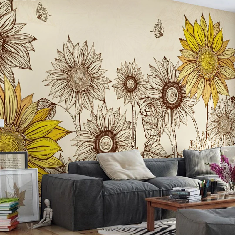 Arte de la pared del girasol en amarillo, papel pintado mural nostálgico del campo para la decoración del hogar Amarillo C...