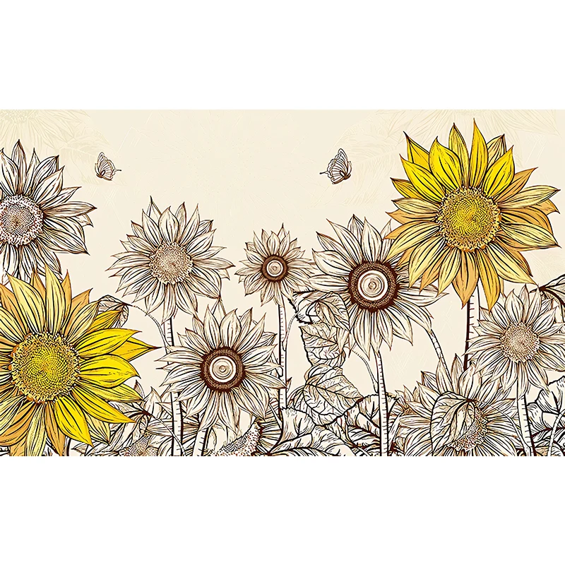 Arte de la pared del girasol en amarillo, papel pintado mural nostálgico del campo para la decoración del hogar Amarillo C...