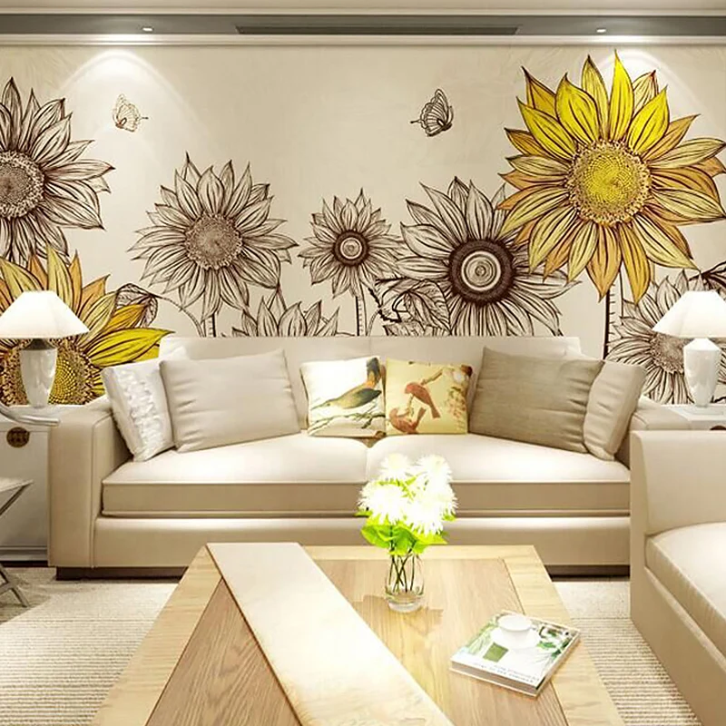 Arte de la pared del girasol en amarillo, papel pintado mural nostálgico del campo para la decoración del hogar Amarillo C...