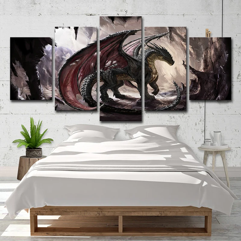 Arte de pared de dragón de fantasí para habitación de adolescentes, impresión en lienzo con escena de videojuego en marrón...