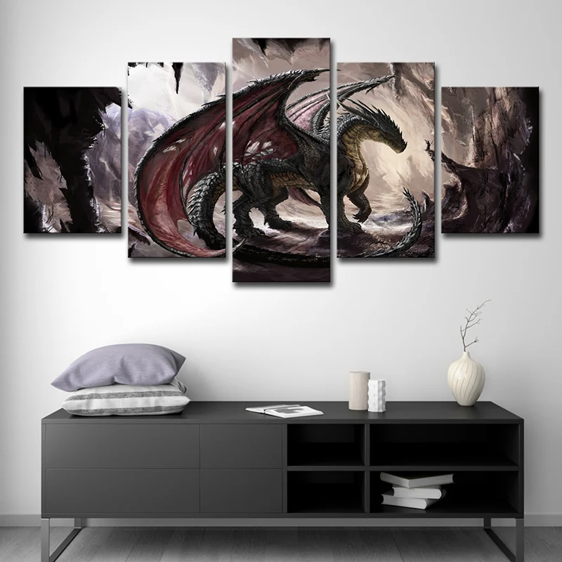 Arte de pared de dragón de fantasí para habitación de adolescentes, impresión en lienzo con escena de videojuego en marrón...