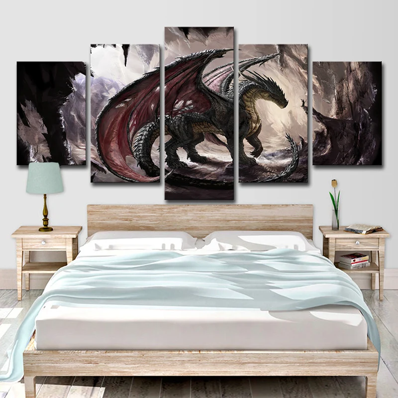Arte de pared de dragón de fantasí para habitación de adolescentes, impresión en lienzo con escena de videojuego en marrón...