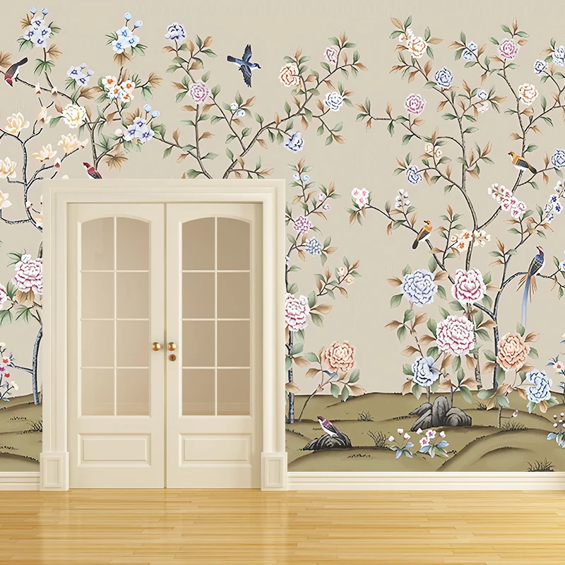 Arte de pared de flores y pájaros para decoración de habitaciones de invitados Mural de pared tradicional, hecho medida Am...