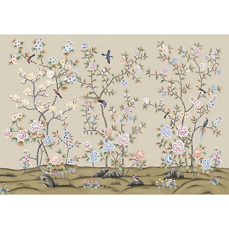 Arte de pared de flores y pájaros para decoración de habitaciones de invitados Mural de pared tradicional, hecho medida Am...