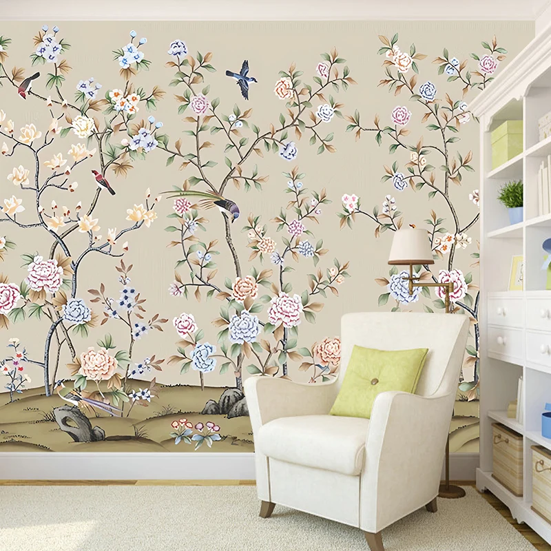 Arte de pared de flores y pájaros para decoración de habitaciones de invitados Mural de pared tradicional, hecho medida Am...