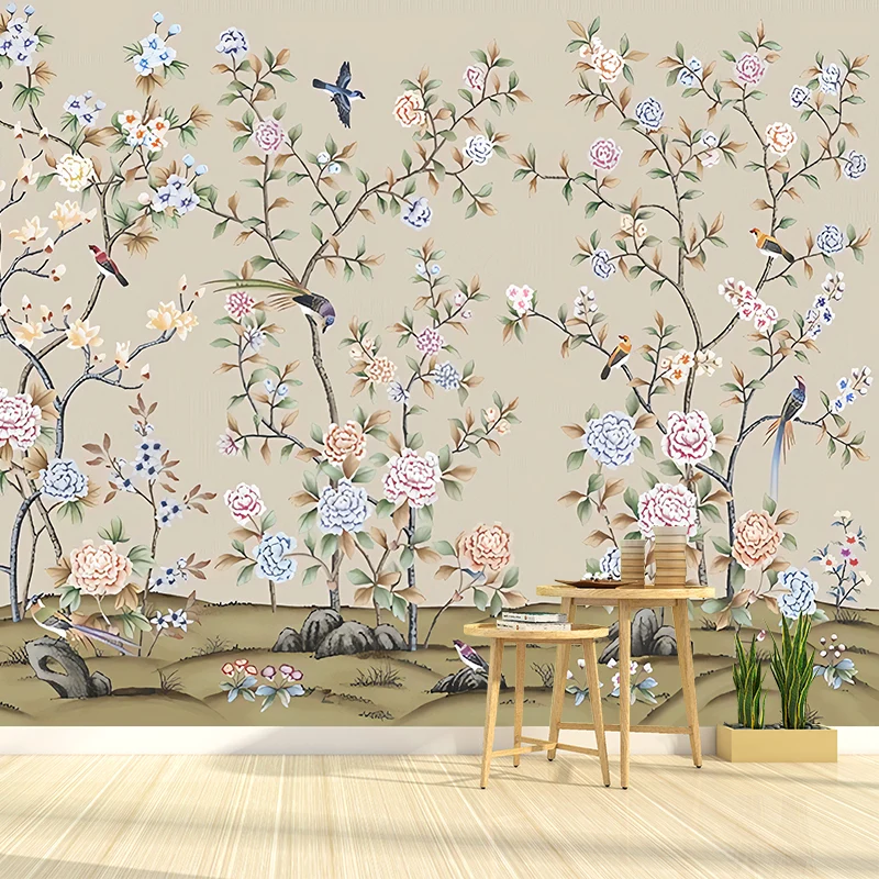 Arte de pared de flores y pájaros para decoración de habitaciones de invitados Mural de pared tradicional, hecho medida Am...