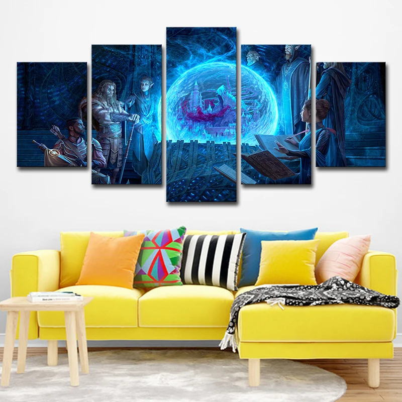 Arte de pared en lienzo de dibujos animados con impresión digital con la escena intrigante de Elder Scrolls en azul Azul C...