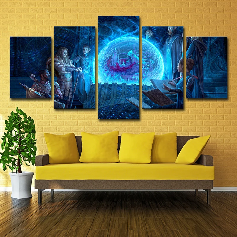 Arte de pared en lienzo de dibujos animados con impresión digital con la escena intrigante de Elder Scrolls en azul Azul C...