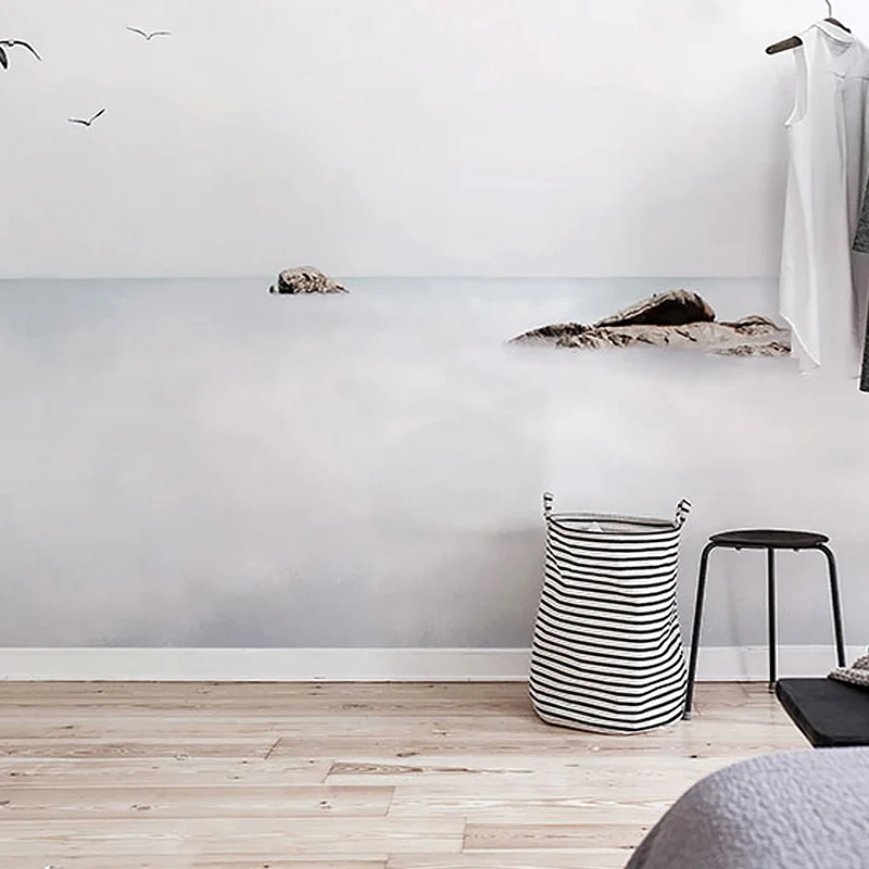 Arte de pared minimalista con mar y roca gris y blanco para sala de estar, tela no tejida Gris Clearhalo