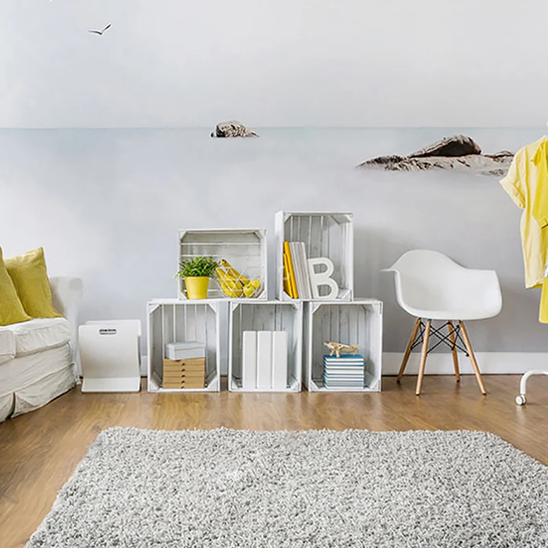 Arte de pared minimalista con mar y roca gris y blanco para sala de estar, tela no tejida Gris Clearhalo