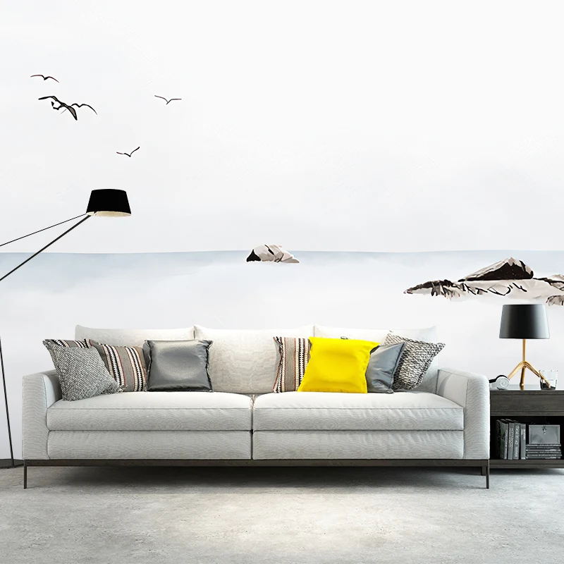 Arte de pared minimalista con mar y roca gris y blanco para sala de estar, tela no tejida Gris Clearhalo